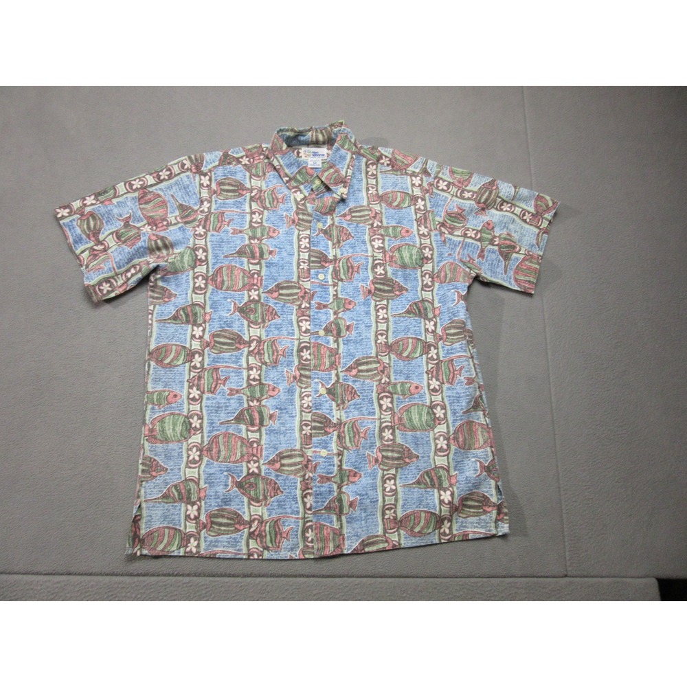 Reyn Spooner Vtg Shirt Mens Medium Blue Fish Hawaiian Aloha Reverse Print